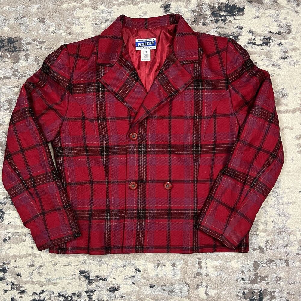 Vintage Pendleton Blazer Womens 10 Red Black Tartan Blazer 100% Virgin Wool